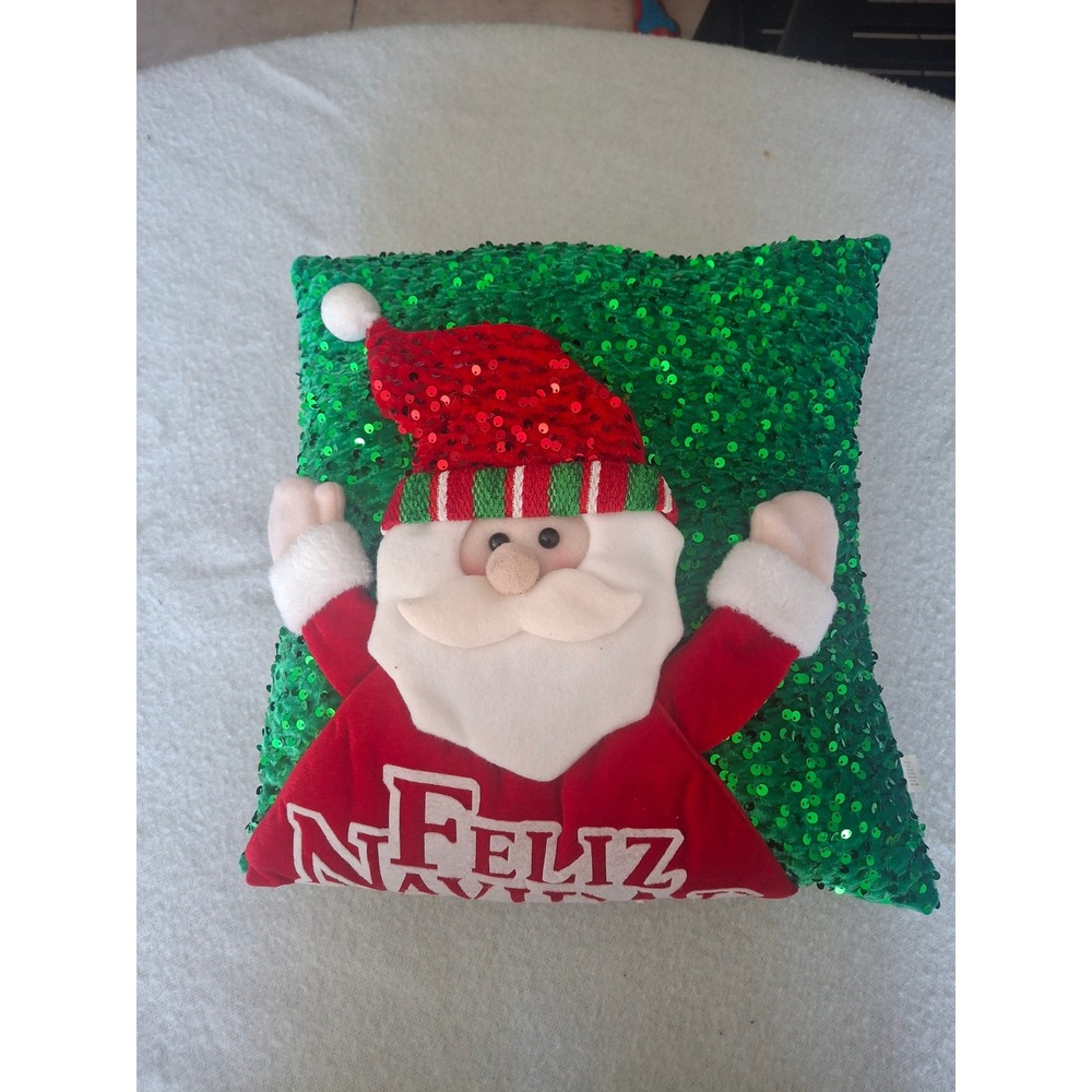 Creative Home and Kitchen Feliz Navidad Santa Sequin Green Christmas Pillow11x11